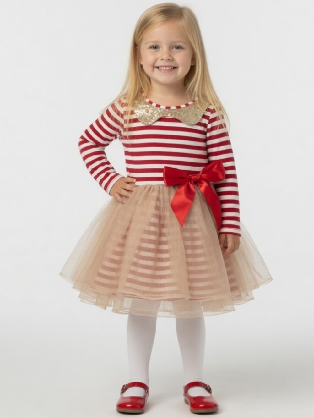 Only Little Once Girls Red Striped and Gold Bow Tulle Dress  (Size:6)